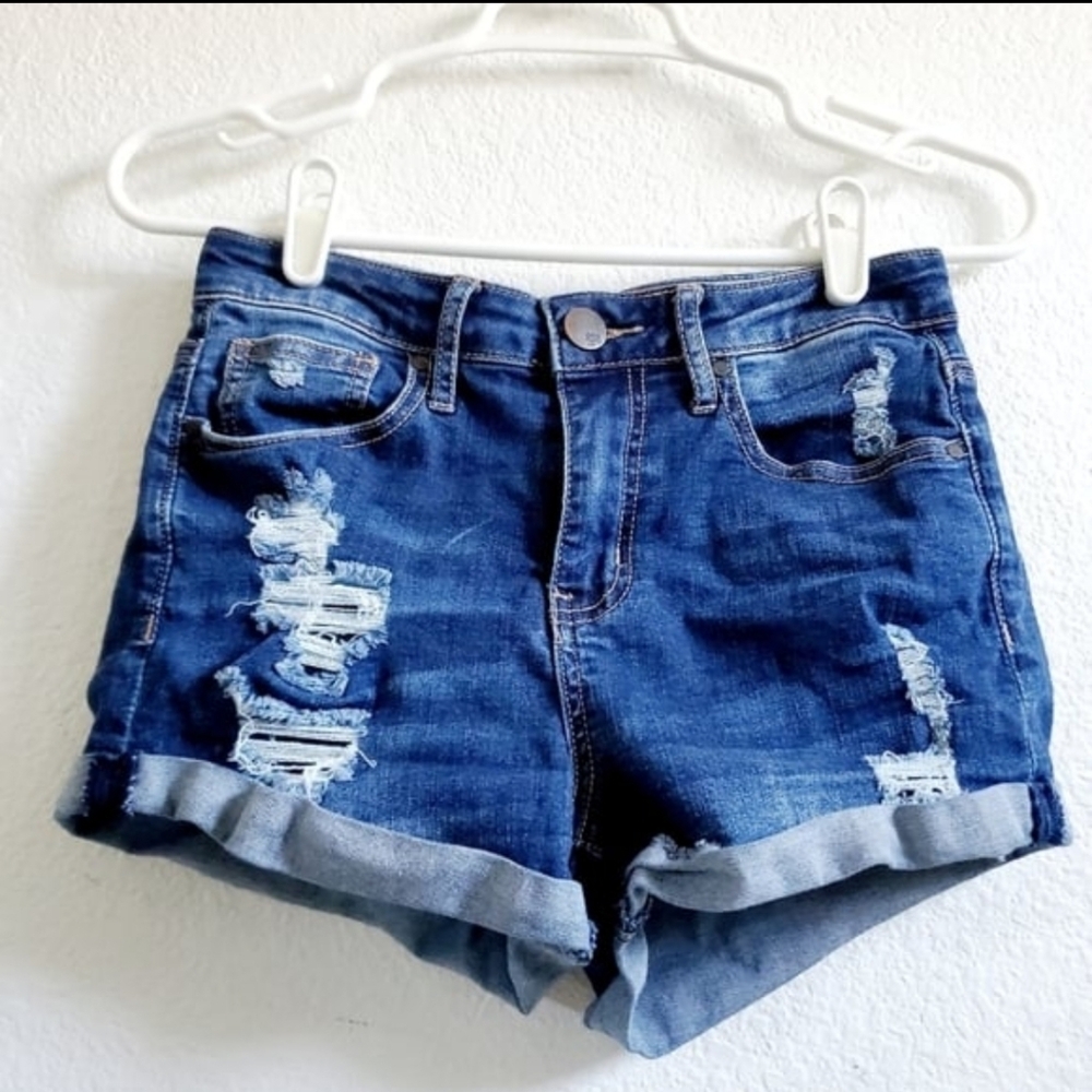 RSQ Sunset High Rise Distressed Shredded Rolled Cuffed Cut Offs Stretchy sz 3